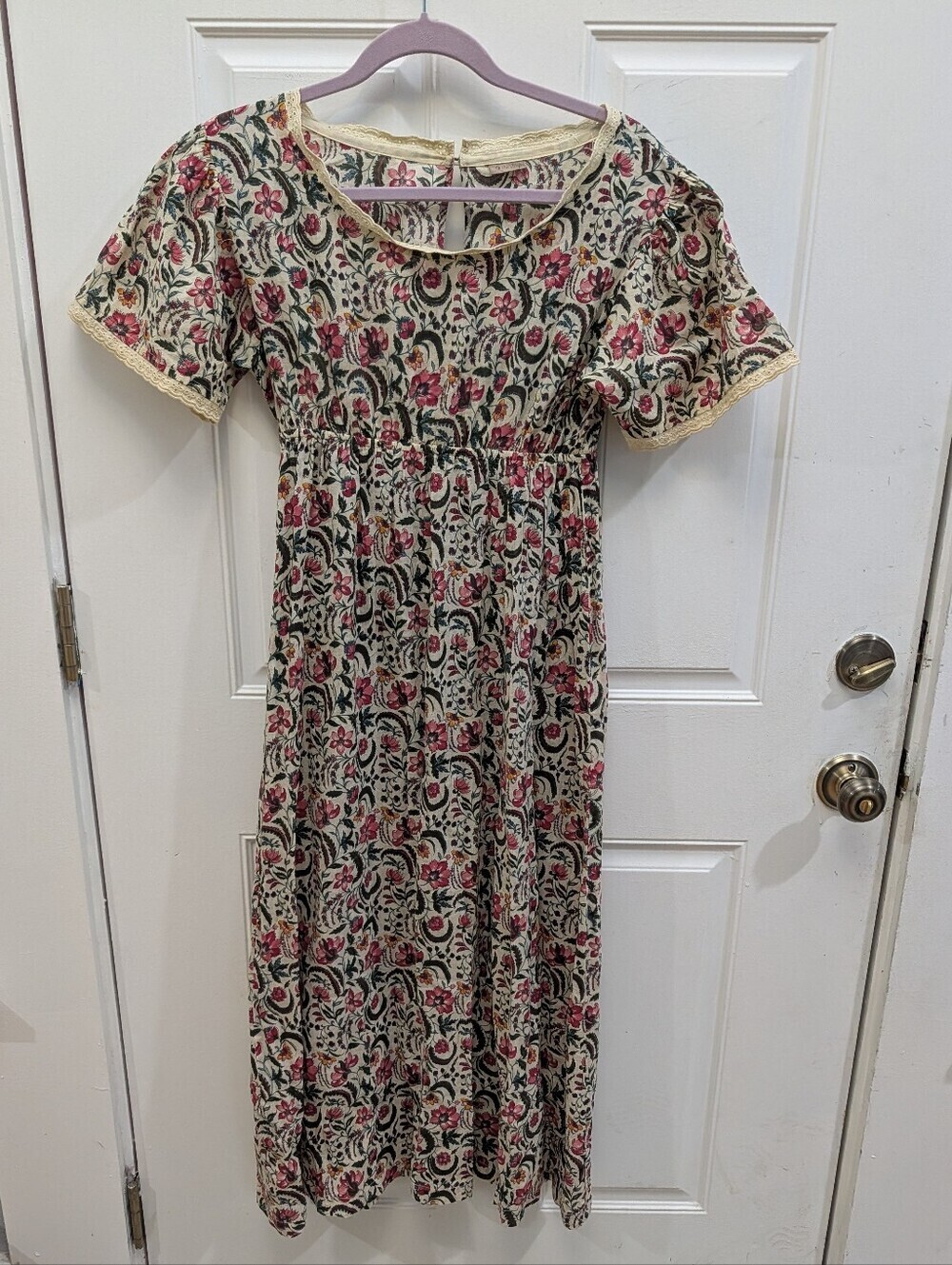 The Shop India Floral Block Print Cotton Empire Waist Midi Dress Lace Trim Small - Picture 2 of 7
